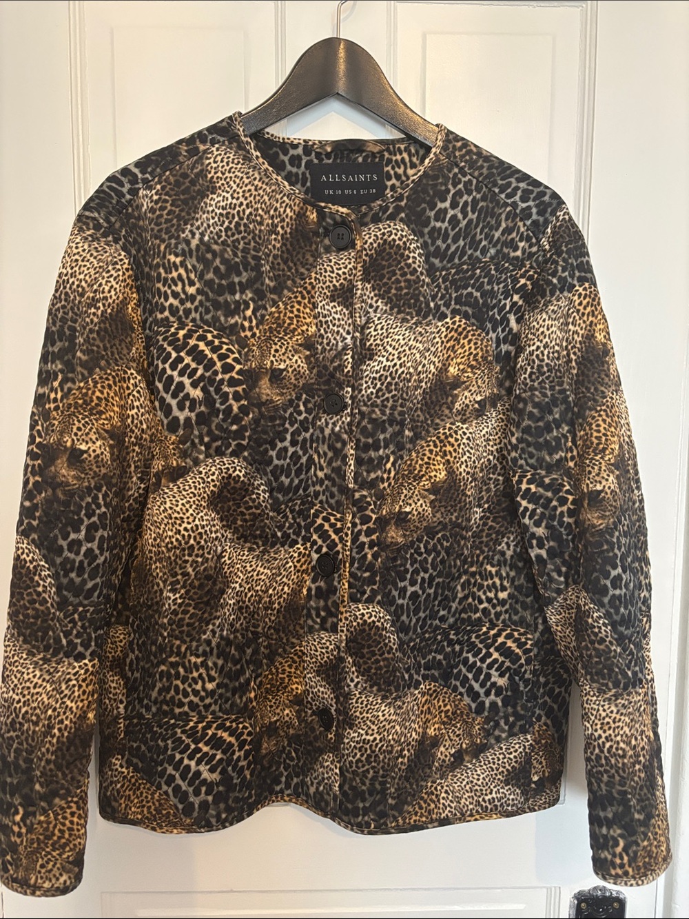 AllSaints Animal Print light Quilted Puffer Jacket in Black and Brown